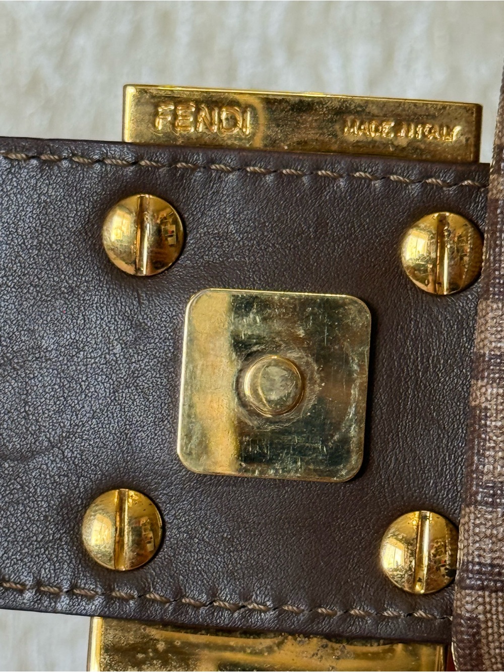 💯AUTH FENDI Brown Zucchino Spalmati Crossbody Bag with Gold-Tone FF Buckle - Picture 10 of 16